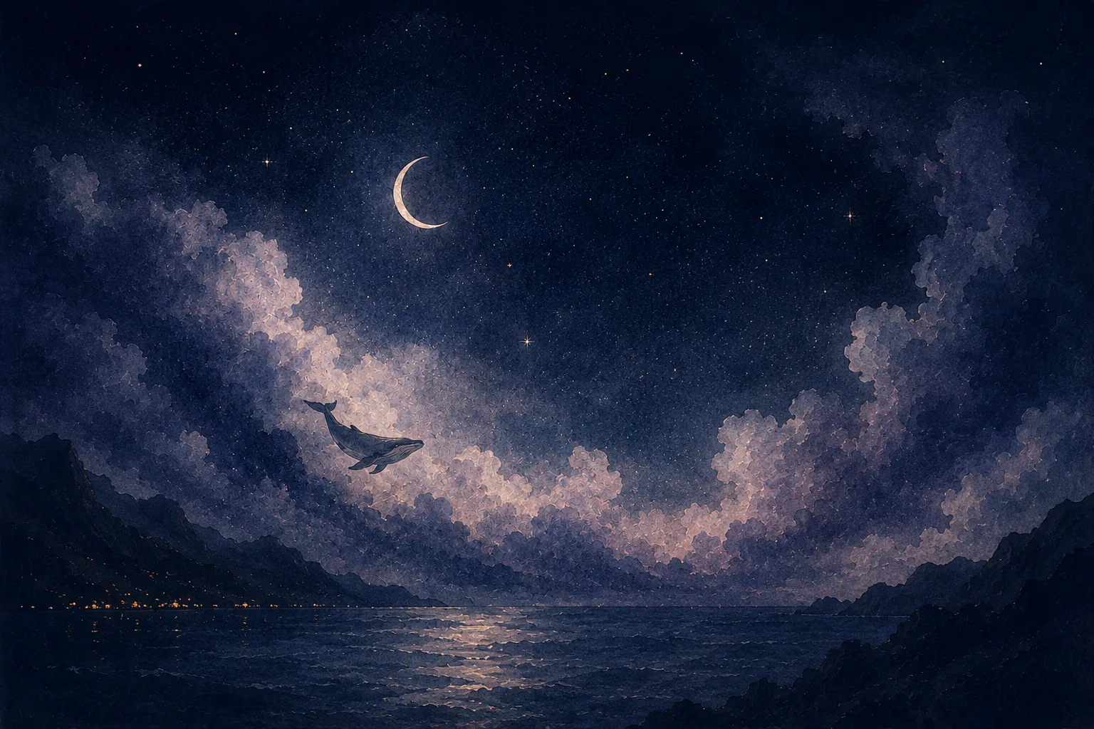 A whale gliding through clouds beneath a crescent moon over a moonlit sea