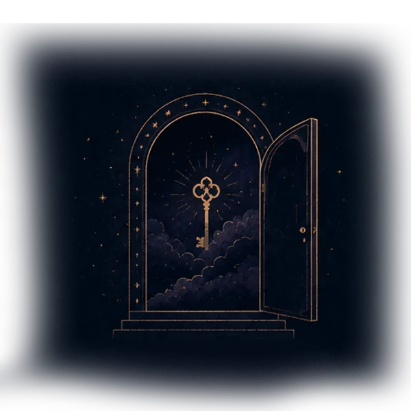 A golden key glowing within an open arched doorway