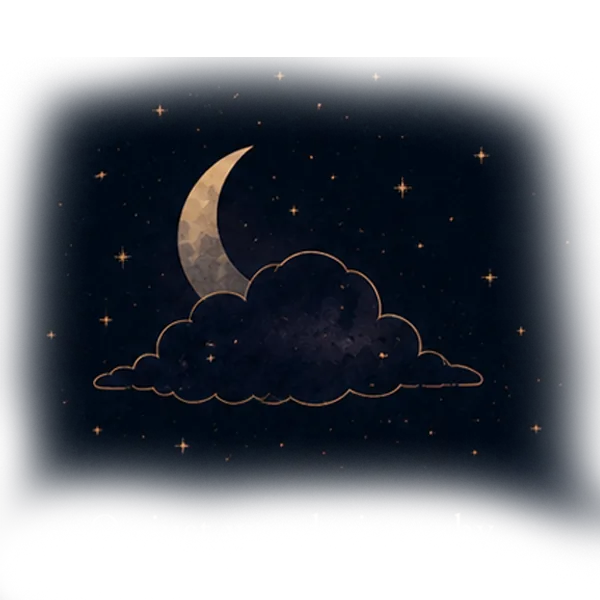 A crescent moon nestled in clouds under a starry sky
