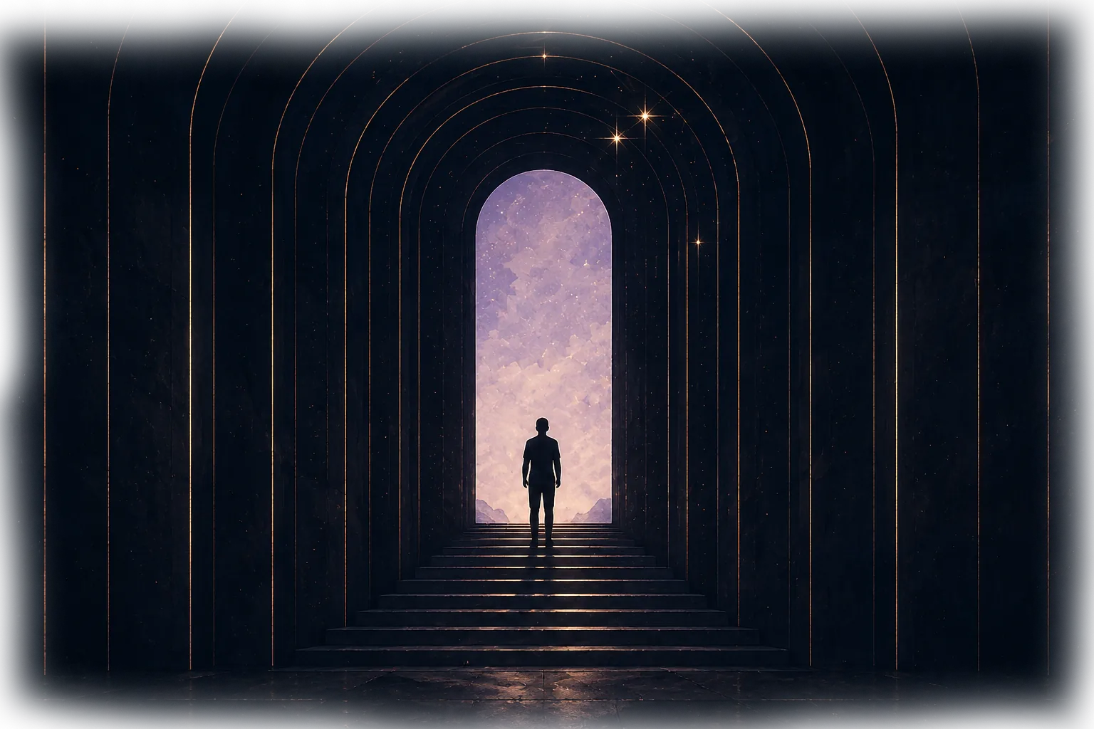 A silhouette walking through a luminous archway into a dreamy sky