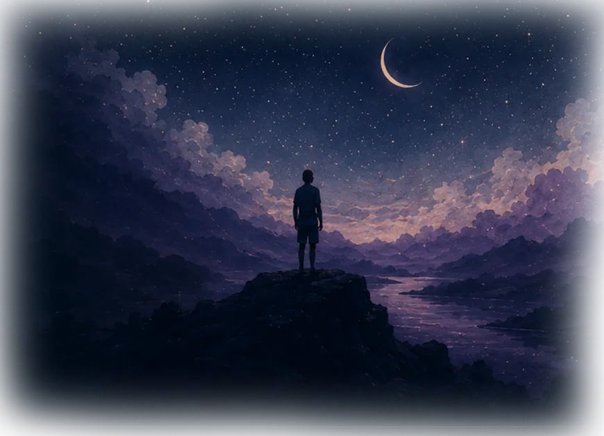 A dreamer standing on a cliff edge under a crescent moon and starry sky