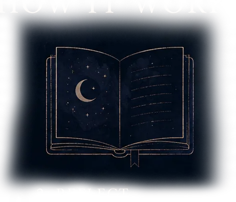An open book with a crescent moon and stars on its pages