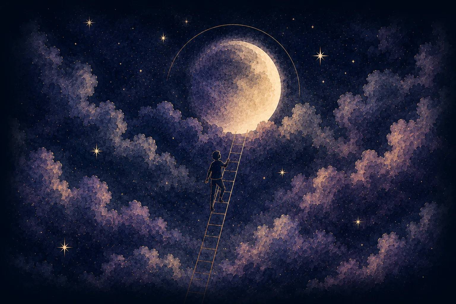 A dreamer climbing a ladder toward a glowing moon through clouds and stars