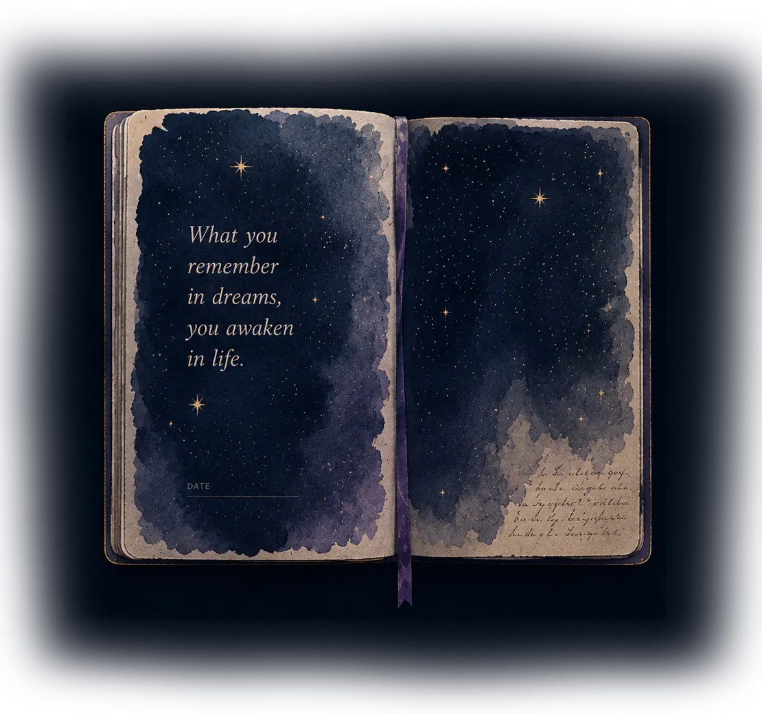An open dream journal with watercolor night sky pages and handwritten entries